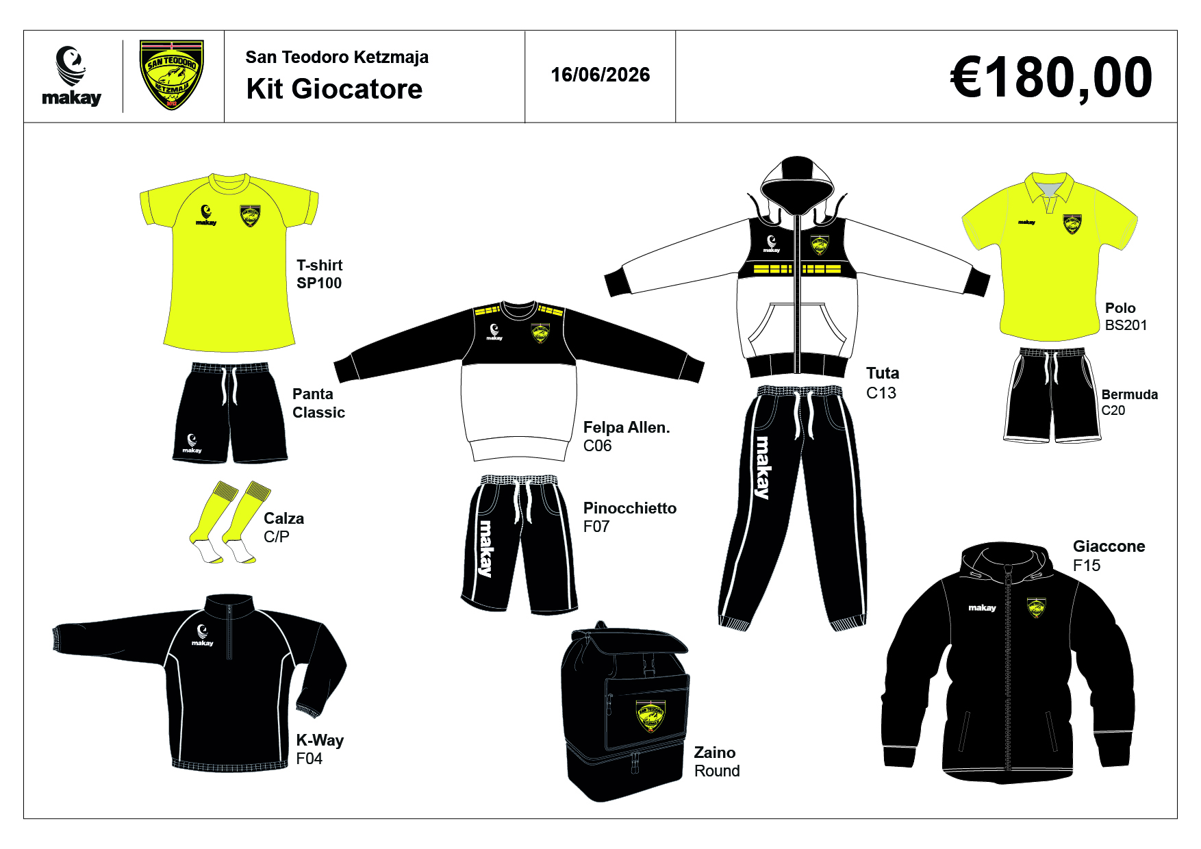 SAN TEODORO Kit Giocatore con Zaino