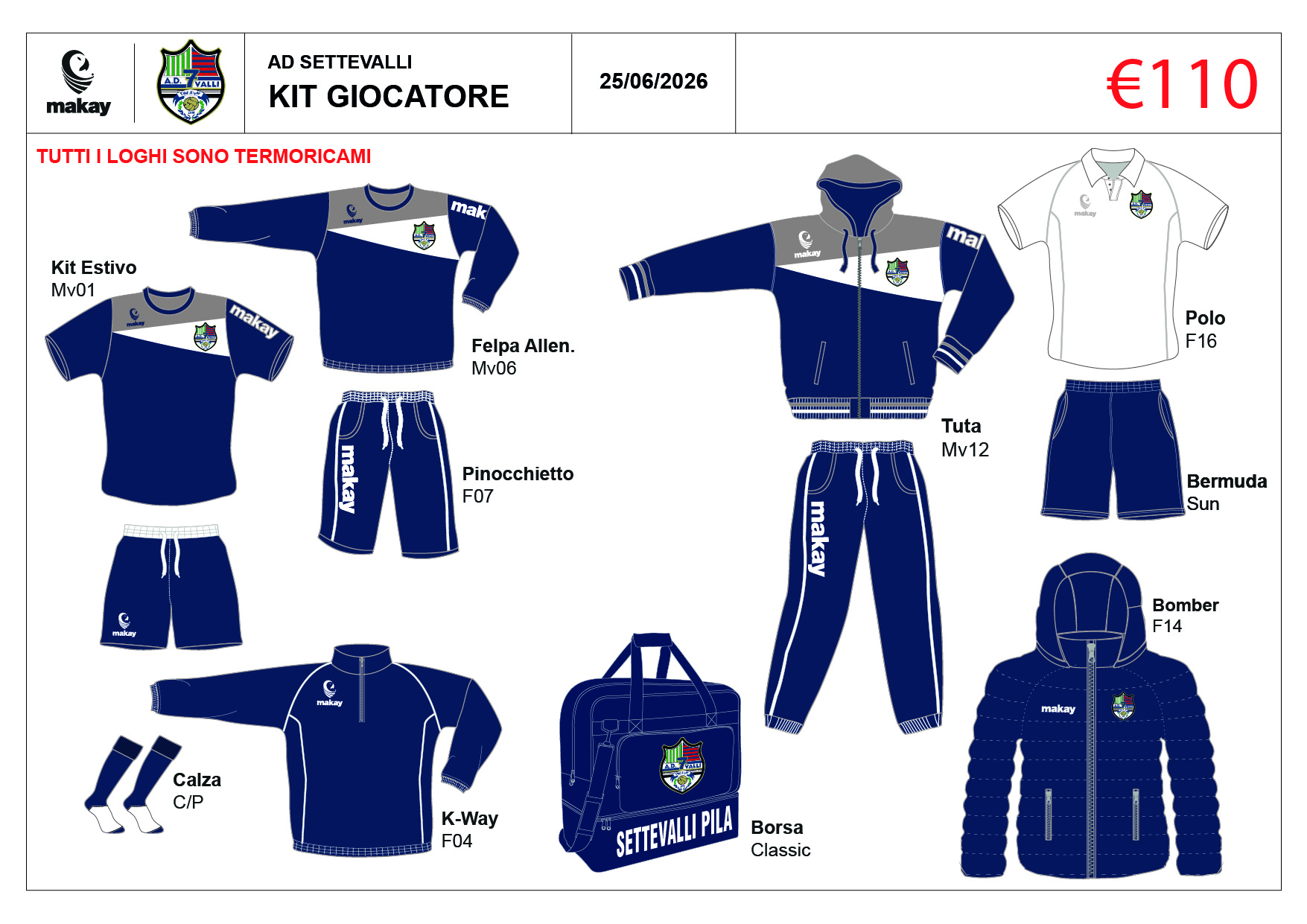 A.D. SETTEVALLI Kit Giocatore con Borsa